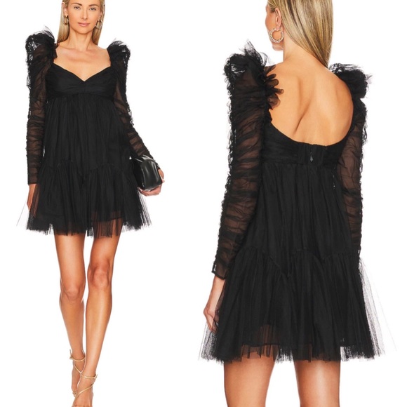 Zimmermann Dresses & Skirts - ZIMMERMANN Long Sleeve Ruched Tulle Babydoll Mini Dress Black Size 4 NWT